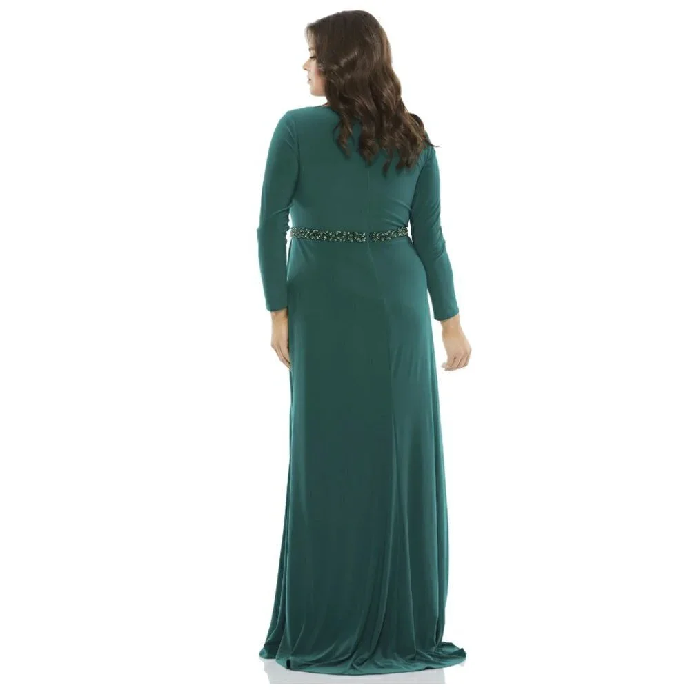 MAC DUGGAL Belted Faux Wrap Long Sleeve Jersey Gown in Green Size US 14W